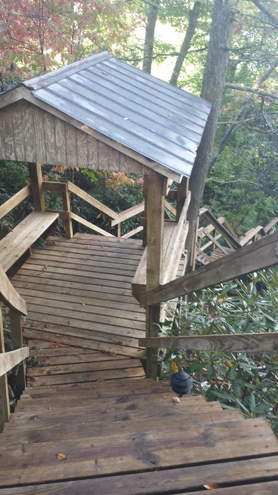 Metal roofed shelter over wooden steps on a wooded walkway — Skylight Repair & Installation work by our crew in Mission Hills